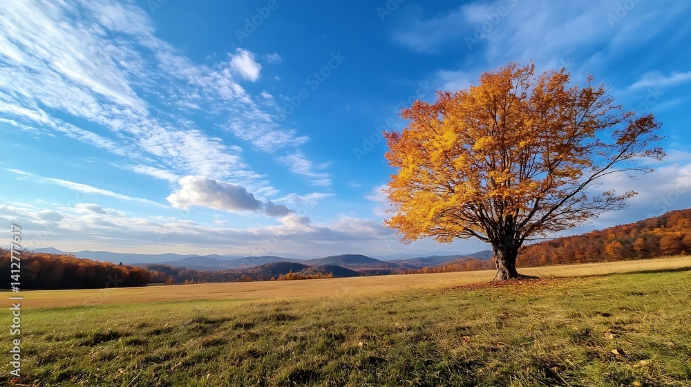 Autumn Tree Standing Alone in a Field Surrounded by Colorful Foliage and Rolling Hills : Generative AI Autumn Tree Standing Alone in a Field Surrounded by Colorful Foliage and Rolling Hills : Generative AI