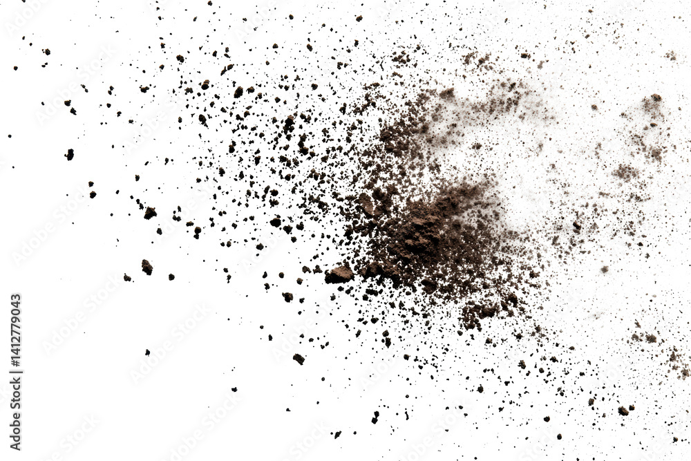 Ground coffee particles unevenly dispersed on a pure white surface, perfect for PNG transparency. Ground coffee particles unevenly dispersed on a pure white surface, perfect for PNG transparency.