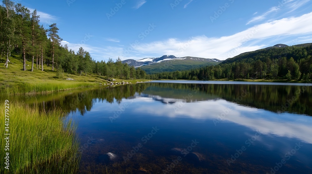 Stunning View of Serene Lake Surrounded by Lush Green Trees Under Clear Blue Sky : Generative AI Stunning View of Serene Lake Surrounded by Lush Green Trees Under Clear Blue Sky : Generative AI