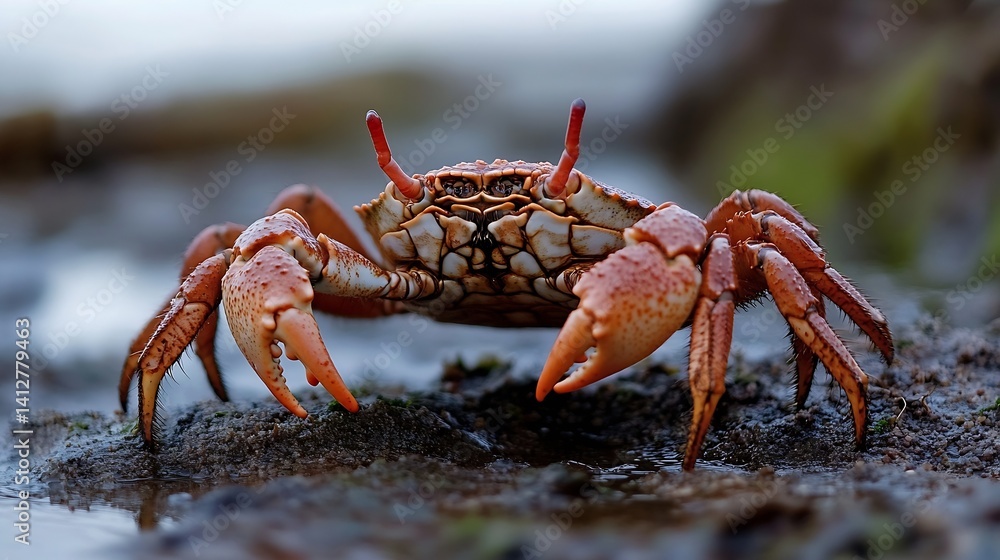 Close Up of a Crab Crawling on the Beach with Wet Sand and Sea in Background : Generative AI Close Up of a Crab Crawling on the Beach with Wet Sand and Sea in Background : Generative AI