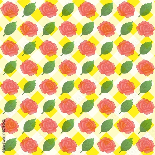 Green leaves, Red rose pattern background, plaid pattern, suitable for use as wallpaper, backdrop, postcard, back