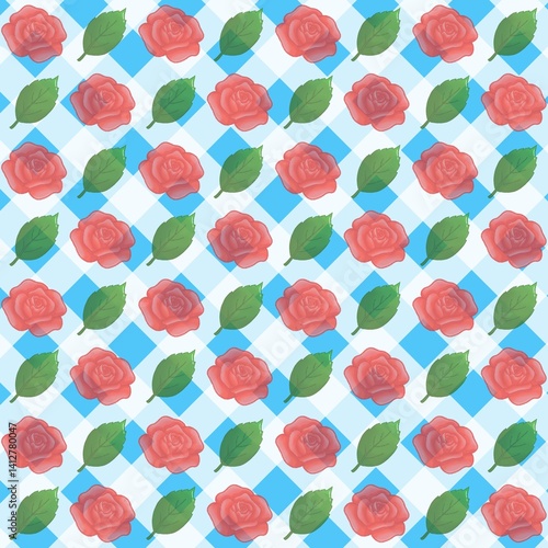 Green leaves, Red rose pattern background, plaid pattern, suitable for use as wallpaper, backdrop, postcard, back