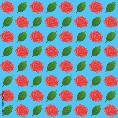 Green leaves, Red rose pattern background, plaid pattern, suitable for use as wallpaper, backdrop, postcard, back