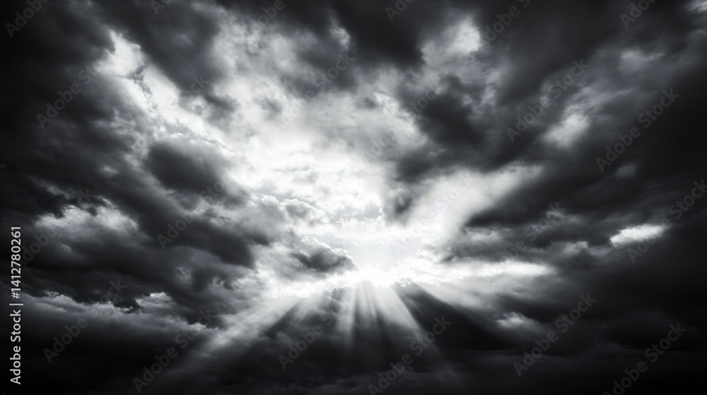 Dramatic Black and White Cloudy Sky Illuminated by Rays of Sun : Generative AI Dramatic Black and White Cloudy Sky Illuminated by Rays of Sun : Generative AI