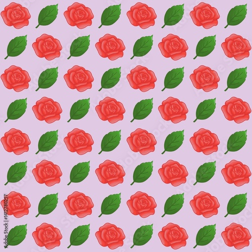 Green leaves, Red rose pattern background, plaid pattern, suitable for use as wallpaper, backdrop, postcard, back