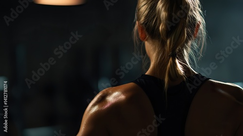 Close - up of a muscular blonde woman in a black tank top, seen from behind against a dark gym background. Her fit figure and the gym setting are prominently shown.