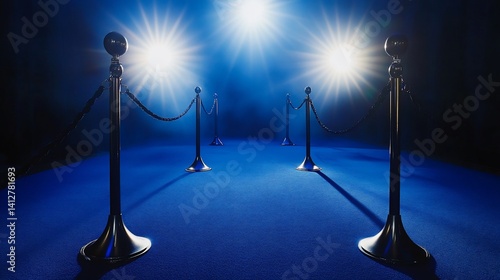 Elegant blue carpet entrance with shining lights and silver bollards