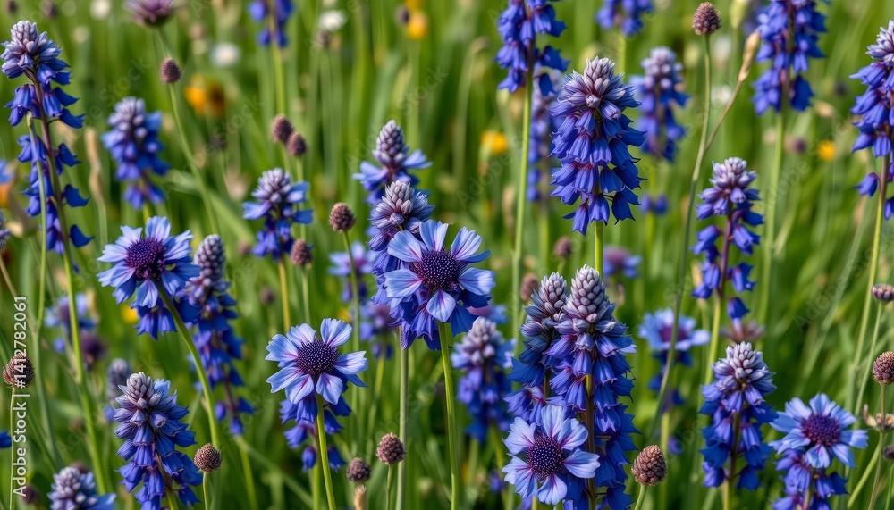 Fototapeta premium Indigo wildflowers, seamlessly repeating, ample negative space, nature, fabric