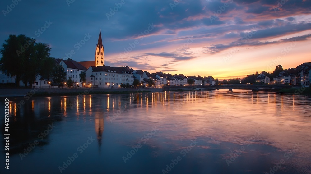 Fototapeta premium Stunning Sunset Over Cityscape with Reflections on Calm River Waters : Generative AI
