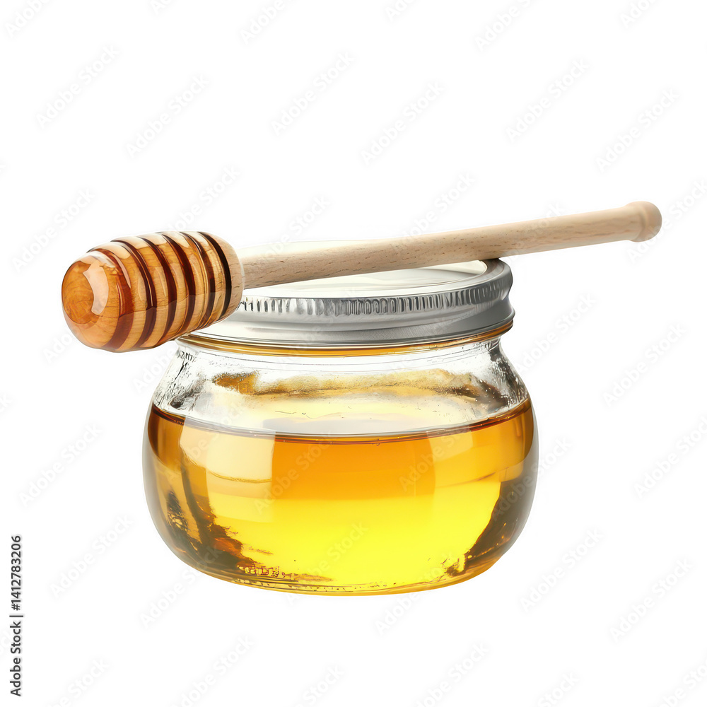 Golden honey jar with wooden dipper rustic kitchen setting delicious food photography Golden honey jar with wooden dipper rustic kitchen setting delicious food photography