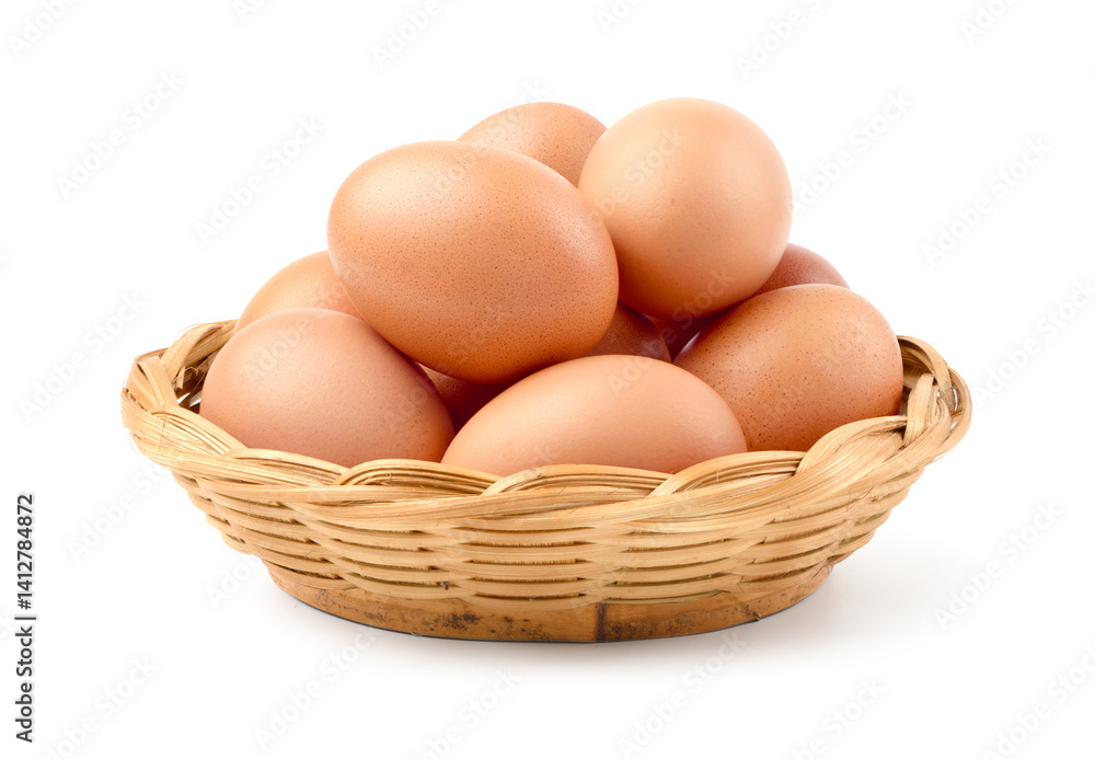 Fresh chicken eggs in wicker basket isolated onwhite background. Fresh chicken eggs in wicker basket isolated onwhite background.