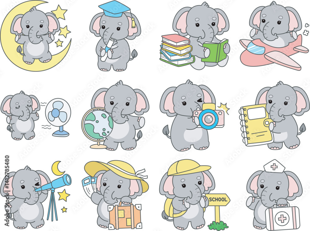 Fototapeta premium Cute Elephant vector icon. Funny baby Elephant animal series stock illustration. Life of fluffy Elephant designs.