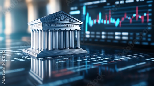 A miniature model of a classical building rests on a digital financial chart, symbolizing the intersection of finance and architecture in a modern business context.