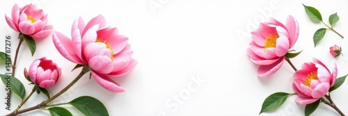 Delicate pink peony blossoms, branches, and leaves arranged in a floral pattern on white , pink, pastel