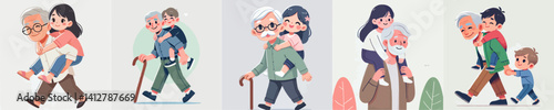 vector set of grandfather carrying his child on his back