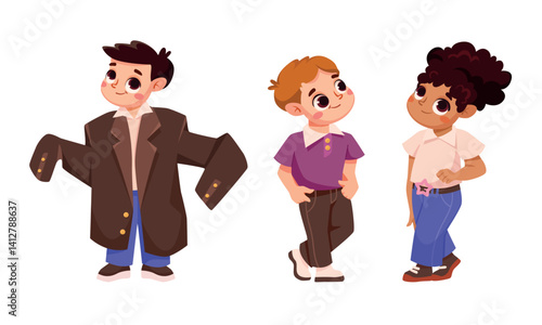 Children Dress Up as Adults Wearing Oversized Clothes Vector Set