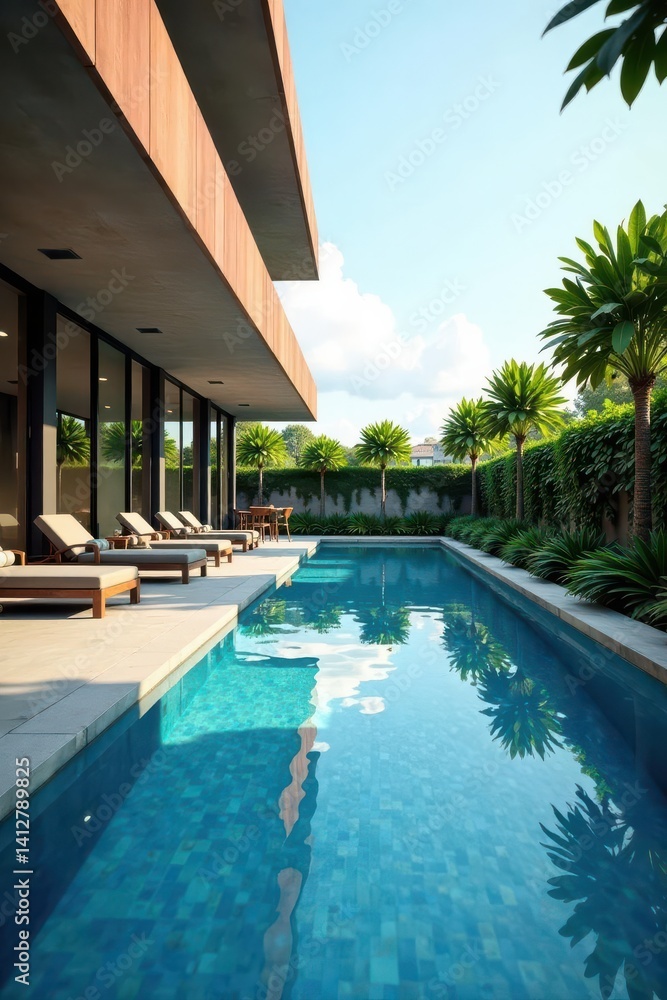 Fototapeta premium Geometric lines, glass walls, poolside lounge, luxury, outdoor, residential