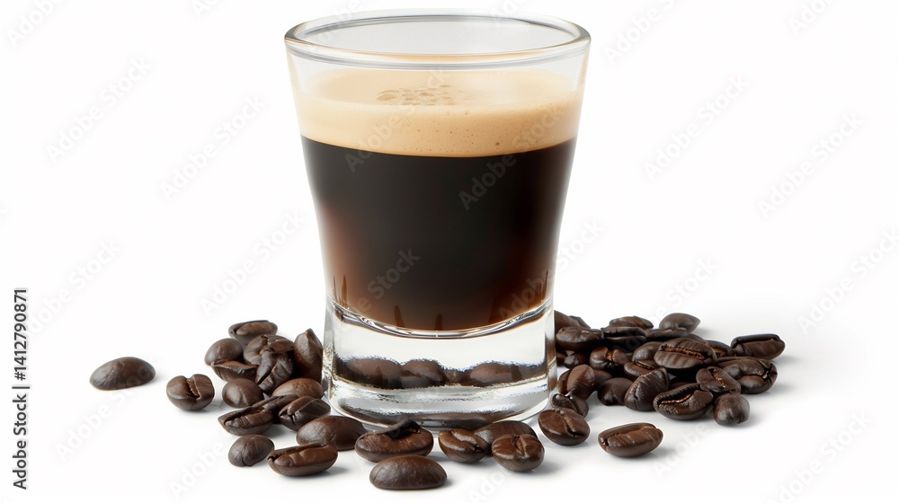 Shot glass of espresso with coffee beans scattered around isolated on a white background Shot glass of espresso with coffee beans scattered around isolated on a white background