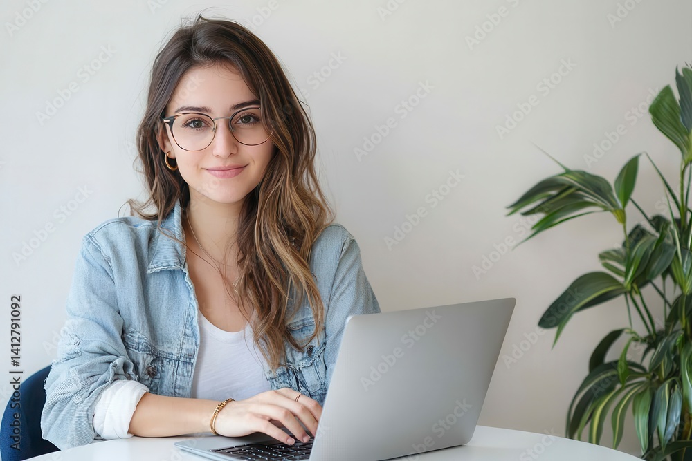 Young Woman Working on Laptop Computer at Home Office Young Woman Working on Laptop Computer at Home Office