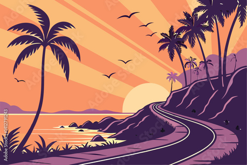 19 Tropical sunset, coastal road, palm trees silhouettes, vibrant sky, orange and purple hues, reflective asphalt, curving highway, seaside landscape, sun rays, dramatic lighting, cartoon style, digit