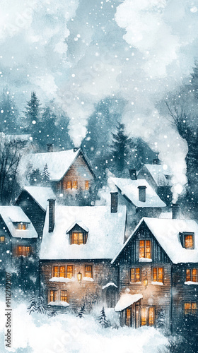Wallpaper Mural Whimsical winter village watercolor illustration with cozy illuminated houses and snow-covered trees Torontodigital.ca