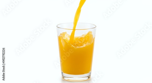 Pouring fresh orange juice into glass creating splash on white background