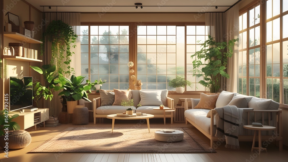 Fototapeta premium Warm Japan living room with minimalist wood furniture, soft textiles, and indoor plants Sunlight streams through windows in highly detailed photorealistic style