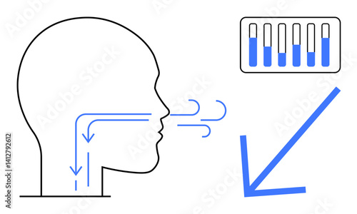 Outline of a human head with airflow arrows indicating inhalation and exhalation, accompanied by a lung health chart and downward arrow. Ideal for health, respiration, anatomy, breathing exercises