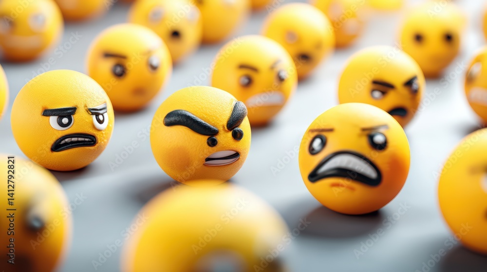 Fototapeta premium Group of oranges with angry faces representing frustration on social media regarding us-china trade relations