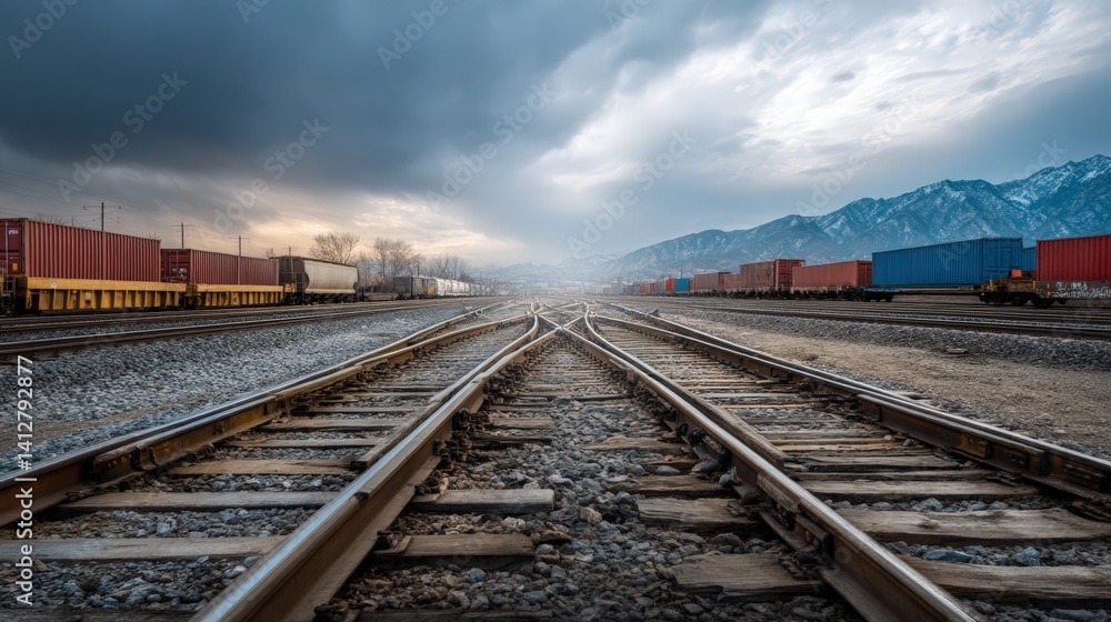 Scenic train track leading to majestic mountains in the background representing the journey of supply chains Scenic train track leading to majestic mountains in the background representing the journey of supply chains