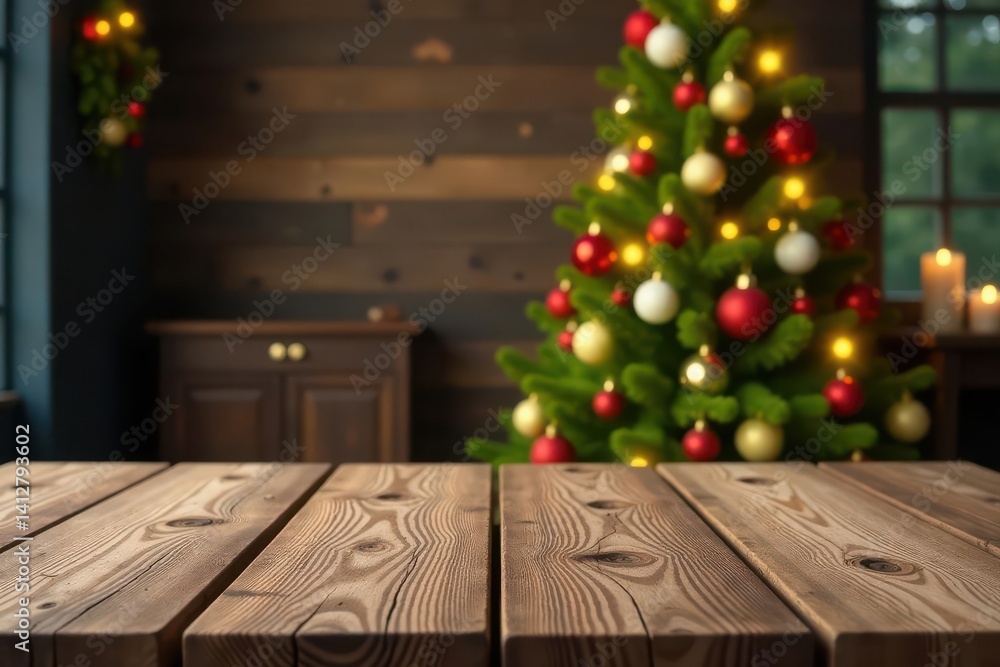Rustic wooden table, blurred Christmas tree backdrop , tree, mockup Rustic wooden table, blurred Christmas tree backdrop , tree, mockup
