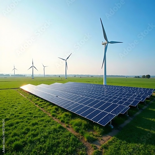 Aerial view of renewable energy farm with solar panels and wind turbines, transition, green