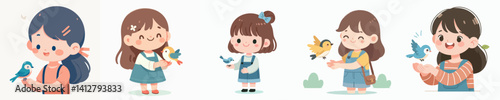 kid vector set with pet bird