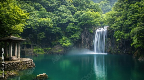 Tranquil waterfall landscape