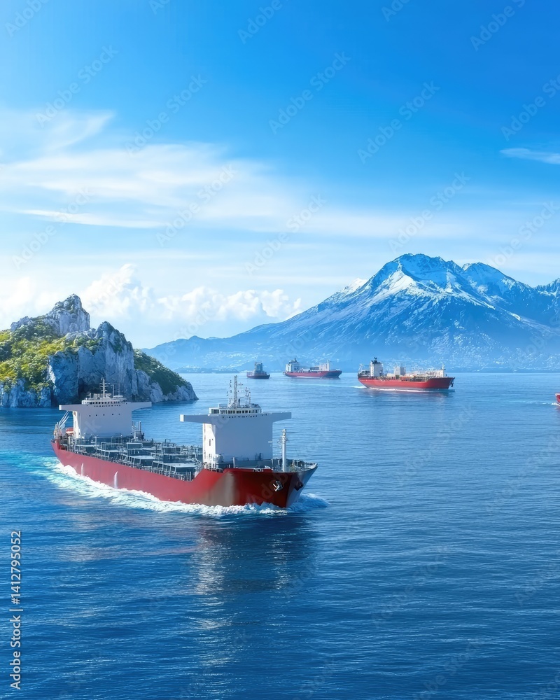 Fototapeta premium Scenic View of Cargo Ships Navigating through a Calm Ocean with Mountains and Islands under a Clear Blue Sky