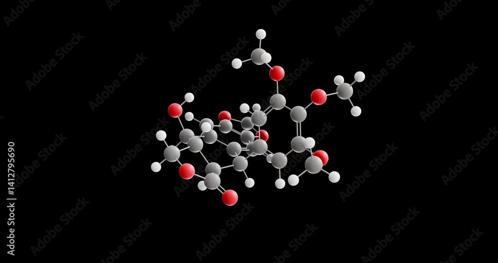 Podofilox molecule, rotating 3D model of ppt, looped video on a black background