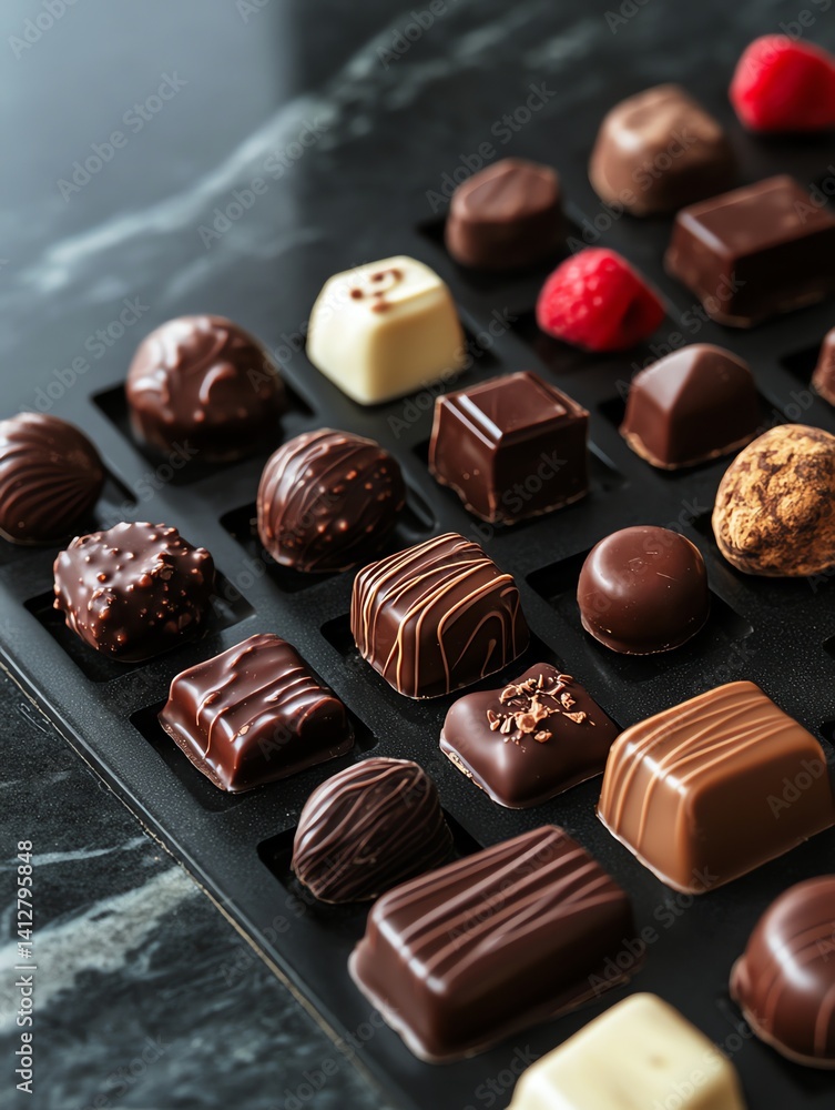 Assorted Chocolate Candy Sweets with Raspberry on a Black Surface Assorted Chocolate Candy Sweets with Raspberry on a Black Surface