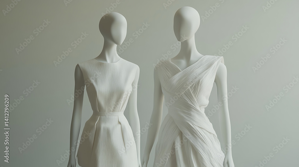 Two mannequins displaying white dresses in a studio setting Two mannequins displaying white dresses in a studio setting