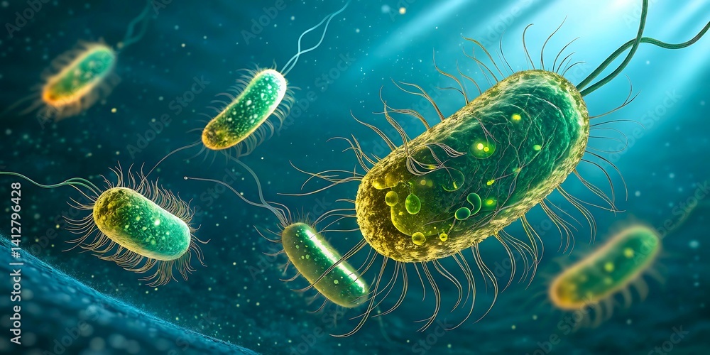 Microscopic Glowing Bacteria with Flagella in Fluid Environment: High-Resolution Microbiology Illustration