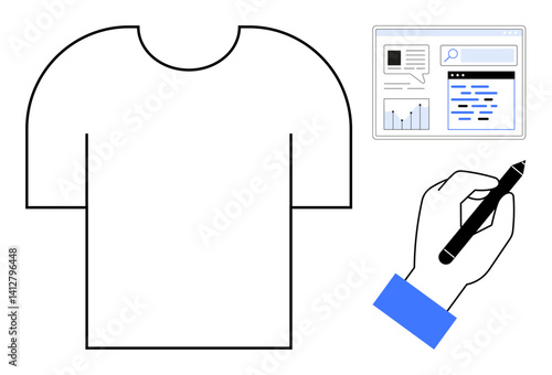 Blank t-shirt, hand holding pen sketching, digital interface for editing designs. Ideal for fashion, creativity, branding, retail, DIY projects, online store customization simple landing page