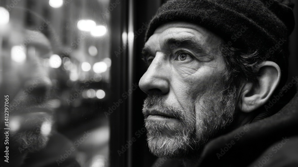 Fototapeta premium An elderly man who has weathered the wind and frost sits by the window, the reflection of the street interweaving with his tired eyes, captured in black and white texture effect