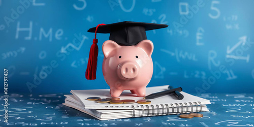 Wallpaper Mural a pink ceramic piggy bank wearing a black graduation cap with a red tassel, symbolizing education and savings. The piggy bank is placed on top of two stacked hardcover books with worn edges, suggestin Torontodigital.ca