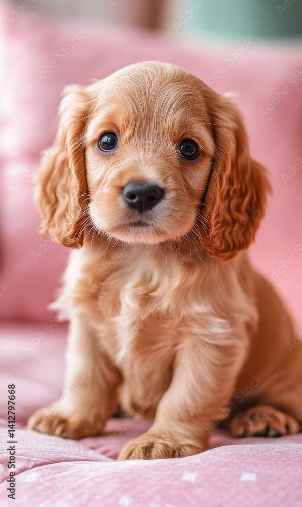 An adorable brown puppy, a Cocker Spaniel, is sitting on a pink velvet chair An adorable brown puppy, a Cocker Spaniel, is sitting on a pink velvet chair