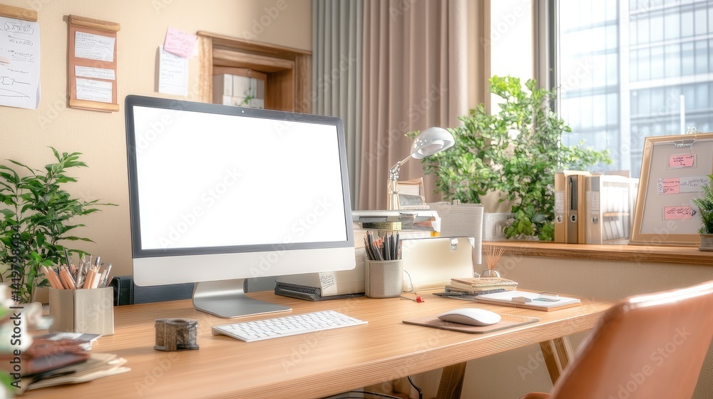 Bright and Spacious Modern Office Workspace with Computer, Lamp, Plants, and Organized Desk Stationery for Productive Work Environment Bright and Spacious Modern Office Workspace with Computer, Lamp, Plants, and Organized Desk Stationery for Productive Work Environment