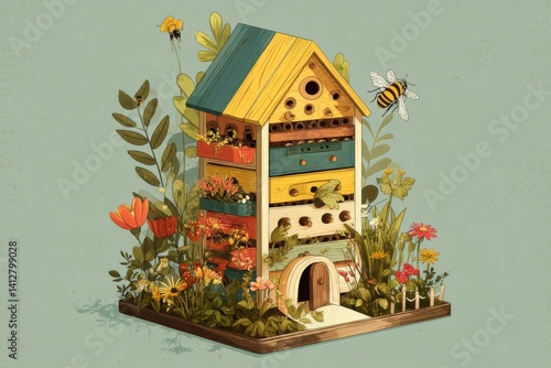 A detailed illustration showcases a bee house surrounded by blooming flowers, creating a vibrant garden scene.