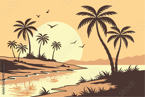 20 Tropical sunset landscape, silhouetted palm trees, large yellow sun, warm orange sky, beach coastline, tranquil water reflection, minimalist style, vector art, flat design, warm color palette, sere