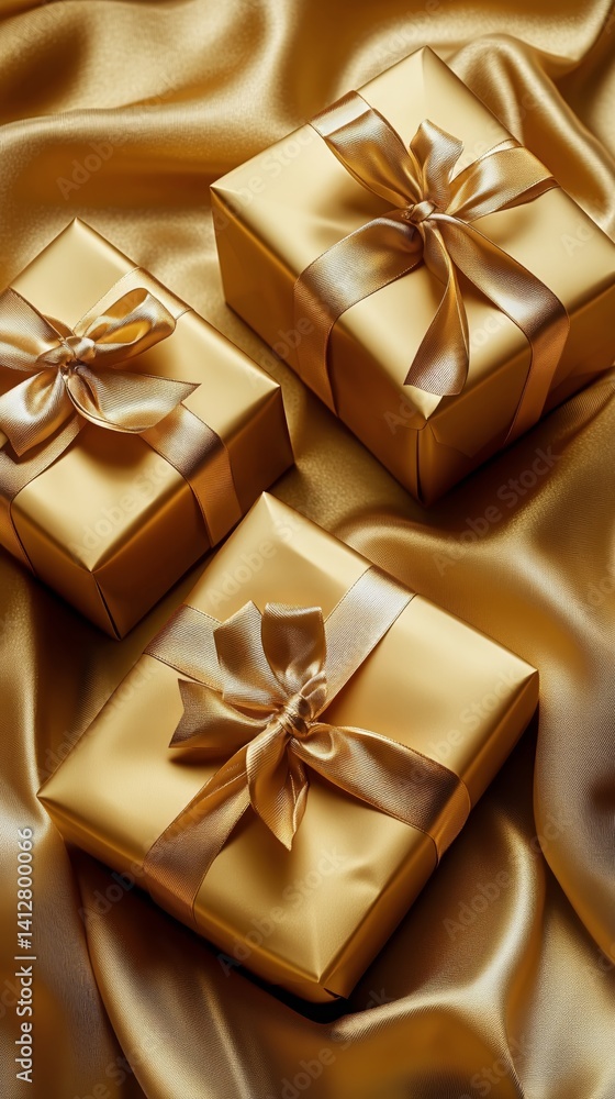 Elegant Golden Wrapped Gifts on a Luxurious Satin Fabric Surface Elegant Golden Wrapped Gifts on a Luxurious Satin Fabric Surface