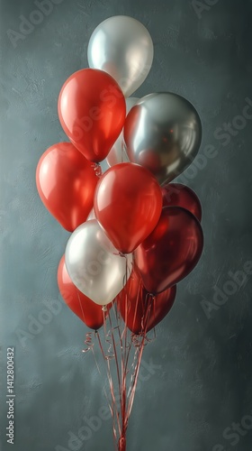 Colorful Bunch of Red, Black, and Silver Balloons Floating in a Dark Background Setting