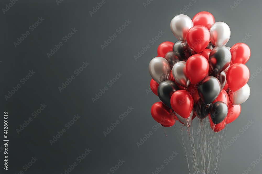 Colorful Bunch of Red, Black, and Silver Balloons Floating in a Dark Background Setting