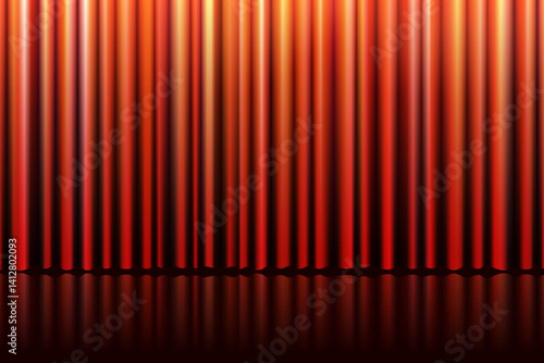 Elegant red velvet stage curtain with floor reflection and soft illumination. Realistic vector backdrop for theater, film premiere, concert or cultural event. Perfect for banner or grand opening scene